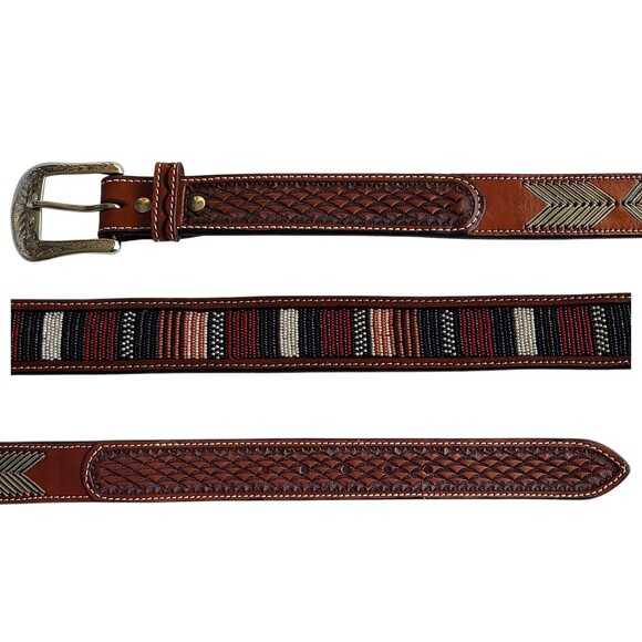 Country Western Rodeo Multicolor Brown Tooled Leather Belt Floral Billet Size 38 - Picture 2 of 6